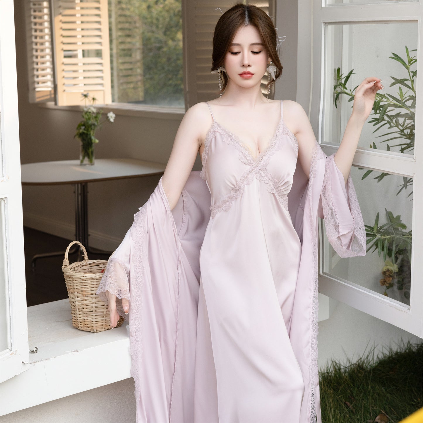 【Size S-XL】2pcs Lace Satin Long Dress with Lace Gown