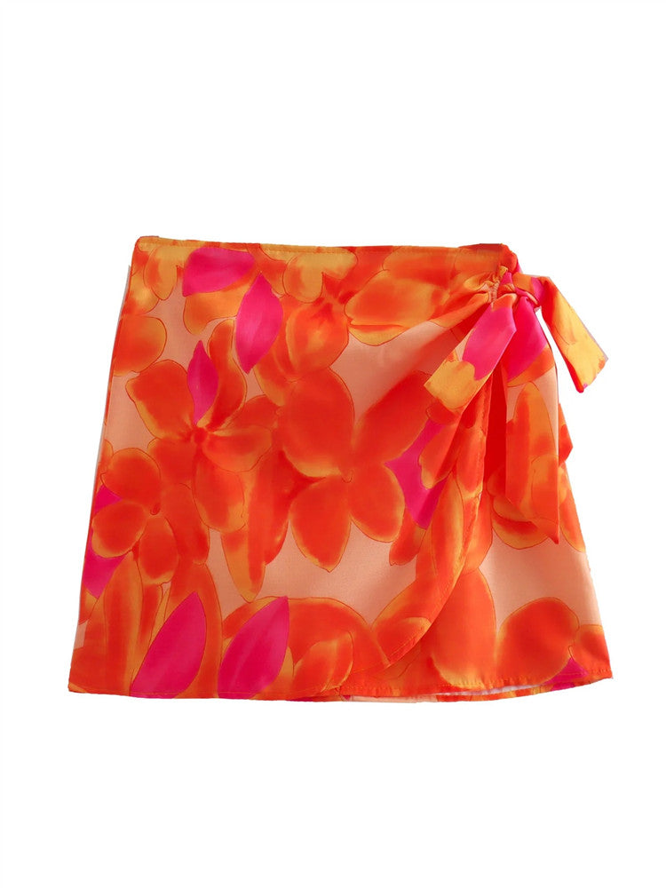 【Size S-L】Qwency Print Women Skirt High Waist Wrap Mini Skirt Sets