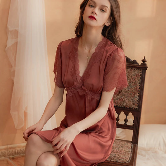 【Size S-2XL】Ice Red Silk Thin V-Neck Sexy Lace Nightdress