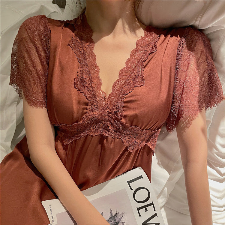 【Size S-2XL】Ice Red Silk Thin V-Neck Sexy Lace Nightdress