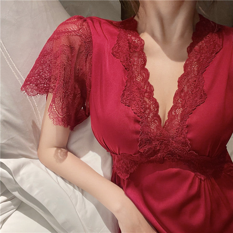 【Size S-2XL】Ice Red Silk Thin V-Neck Sexy Lace Nightdress