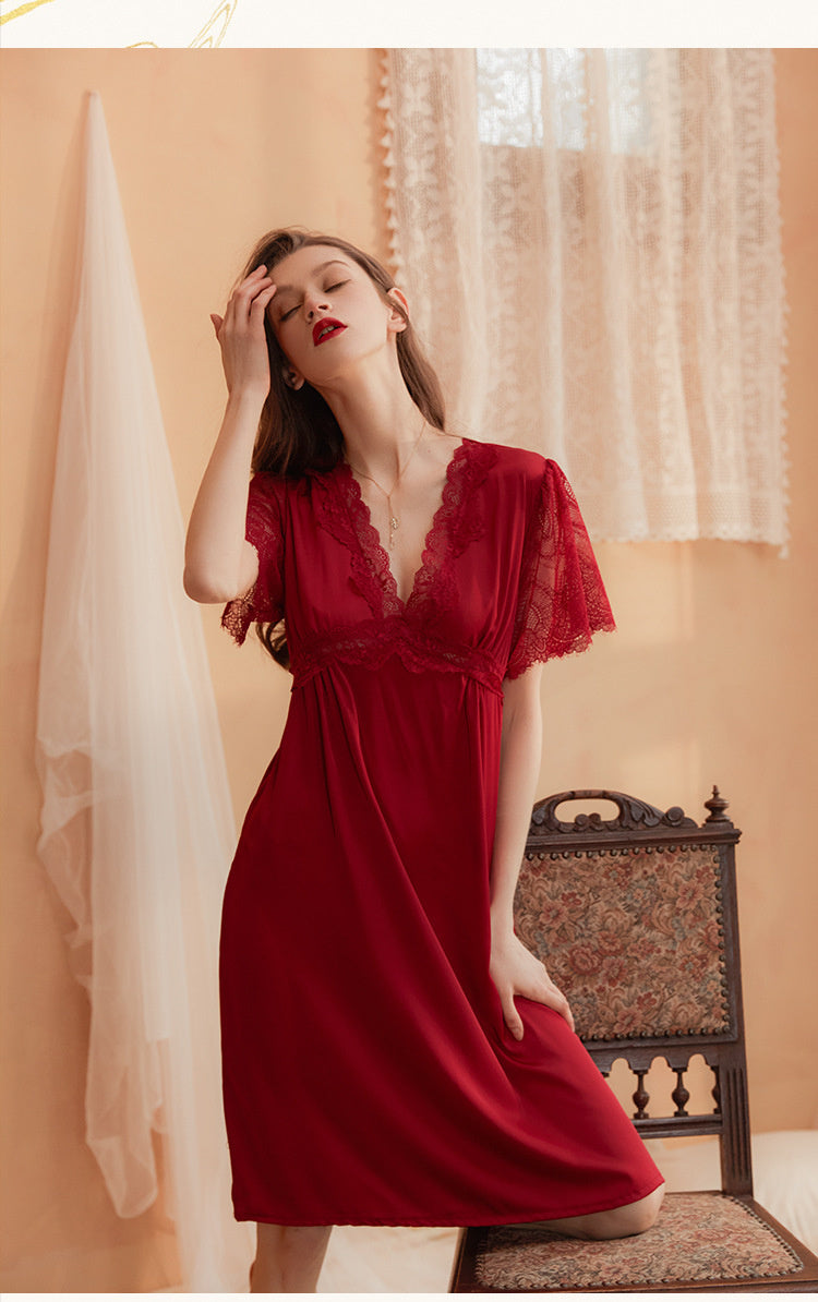 【Size S-2XL】Ice Red Silk Thin V-Neck Sexy Lace Nightdress