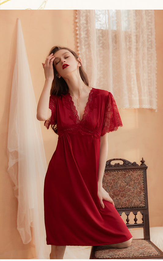 【Size S-2XL】Ice Red Silk Thin V-Neck Sexy Lace Nightdress